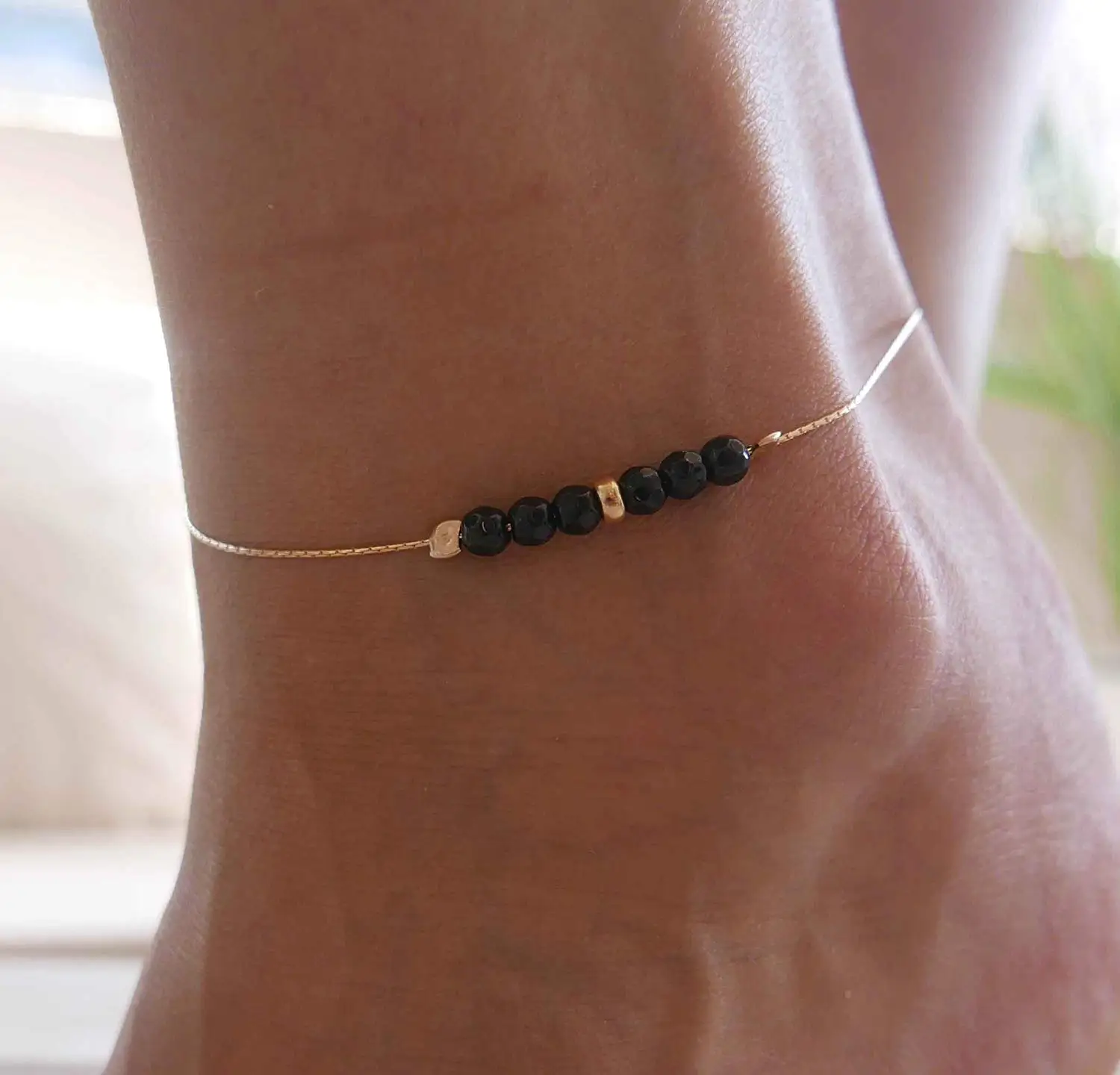 Handmade Gold Anklet For Women Set With Black Onyx Beads By Galis Jewelry - Gold Ankle Bracelet For Women - Chain Anklet - Onyx Anklet - Beaded Anklet - Gemstone Anklet