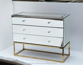Plating Brass Gold Base Mirrored 3 Drawers Chest Bedside Table