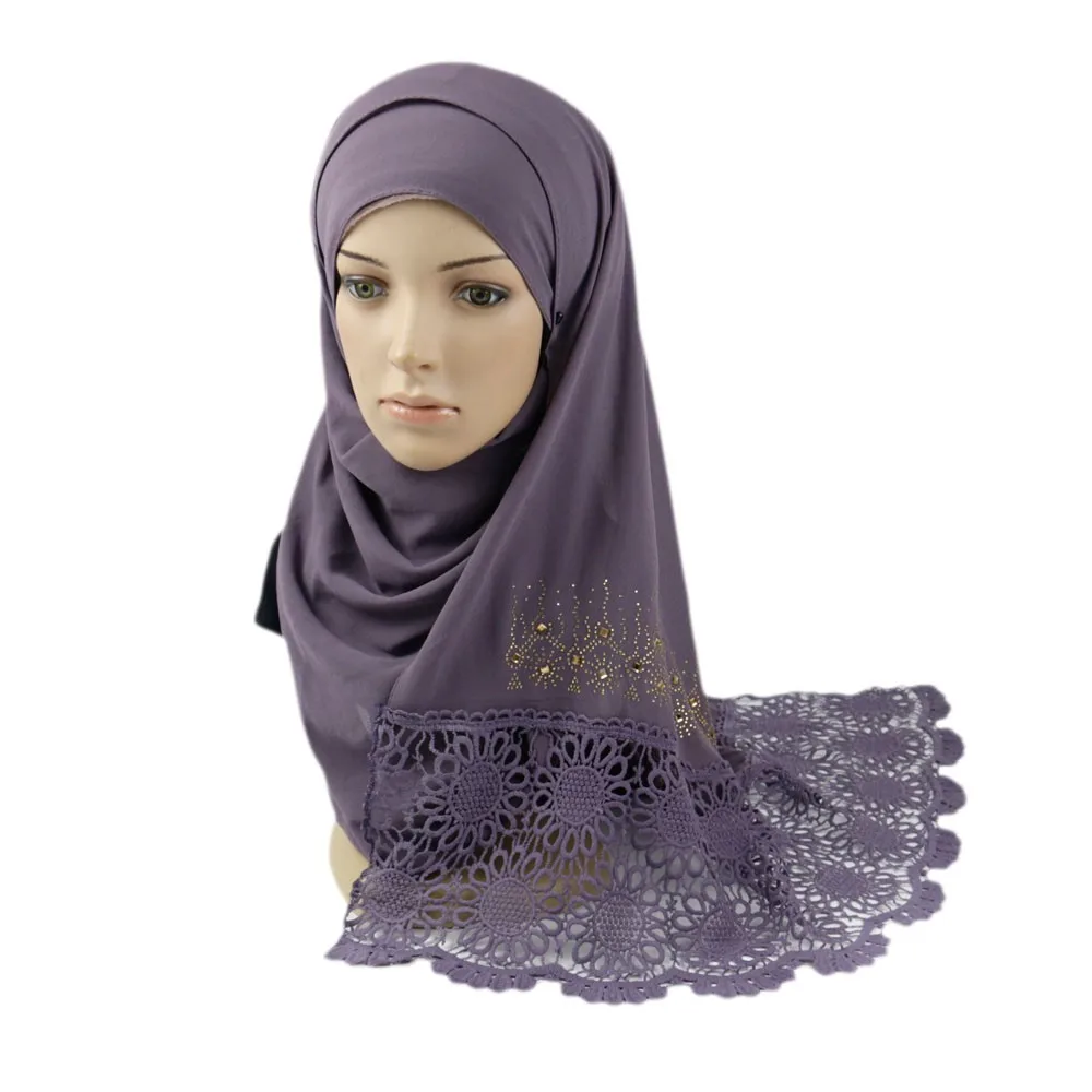 Plain Fashion Wholesale Chiffon Hijab Scarf Beaded Dubai Muslim Border