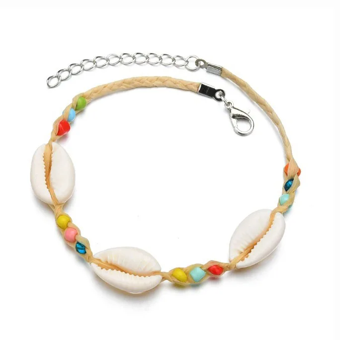 波西米亚米珠编织手链天然贝壳手链拉菲编织贝壳手链