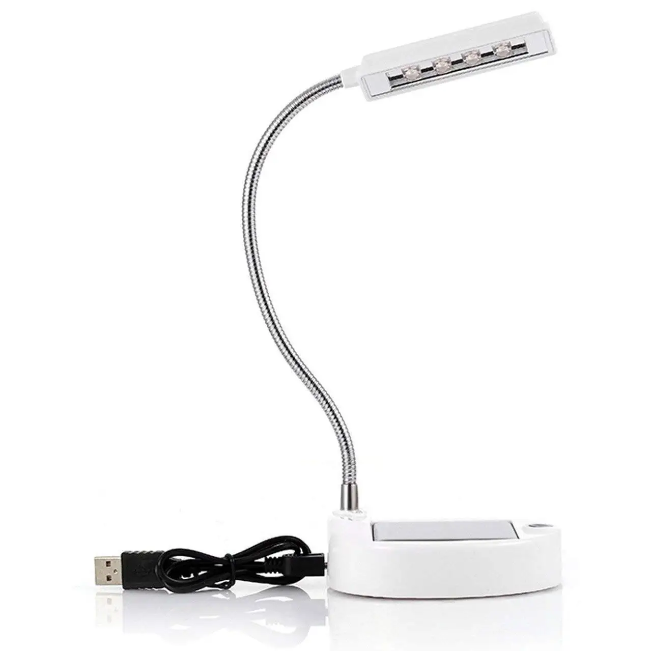 KINGCOO Solar Desk Lamp, Flexible Gooseneck Style 4-LED Mini Solar Table Lamp USB Charger Solar Bulbs Light Solar Indoor Reading lighting/PC Lighting Table Lamp (White 1)