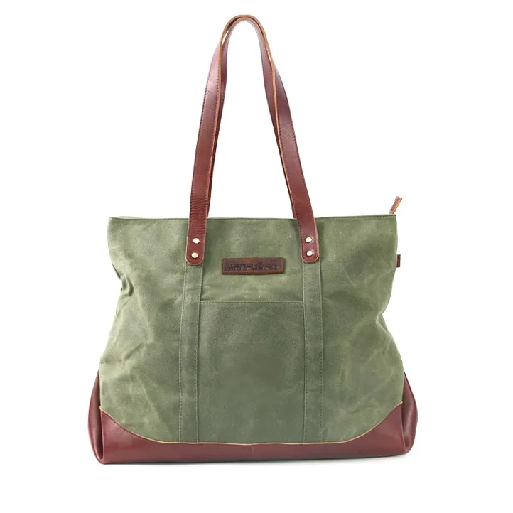 Customized Vintage Women Waxed Cotton Canvas Tote Bag With Leather Handle And Zipper - Buy Waxed ...
