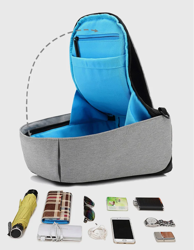 Designer lightweight waterproof outdoor anti thief unisex sport sling chest fanny pack satchel shoulder bag with USB charging