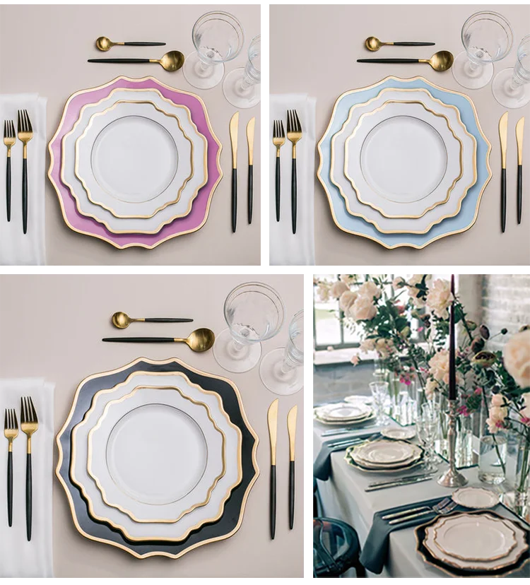 Wholesale 4pcs Restaurant Decorative Ceramic Dinnerware Gold Rim