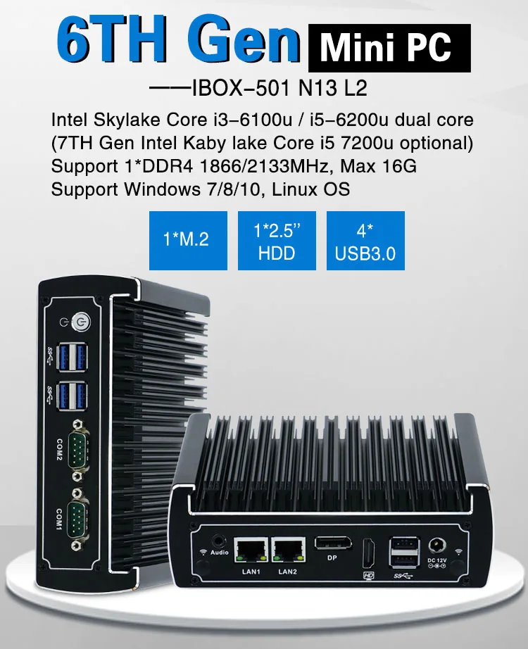Yanling thin client Intel core i5 7200u with DDR4 RAM fanless dual LAN mini pc gaming computer with 1 DP, 1 HD