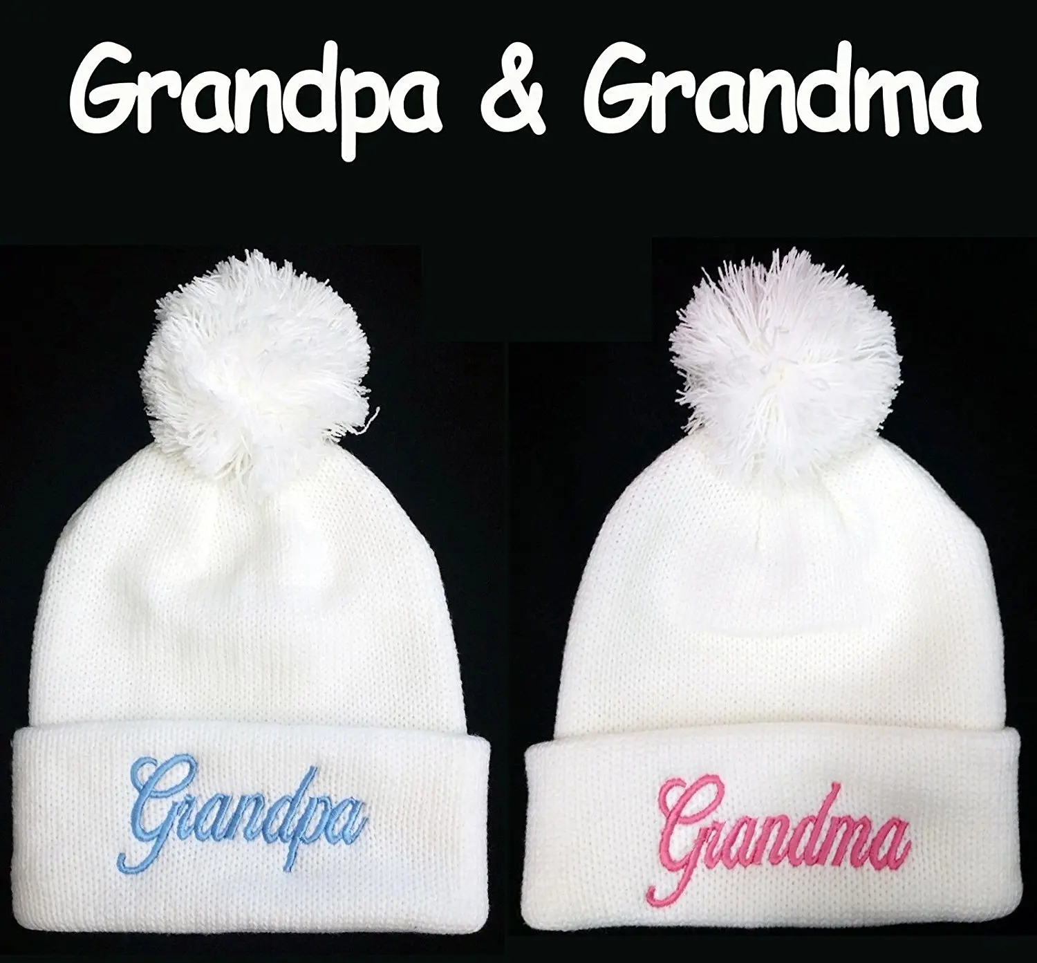 ***Grandma & Grandpa*** Pom Pom Beanie Set Hats Souvenier Gift Unique -White