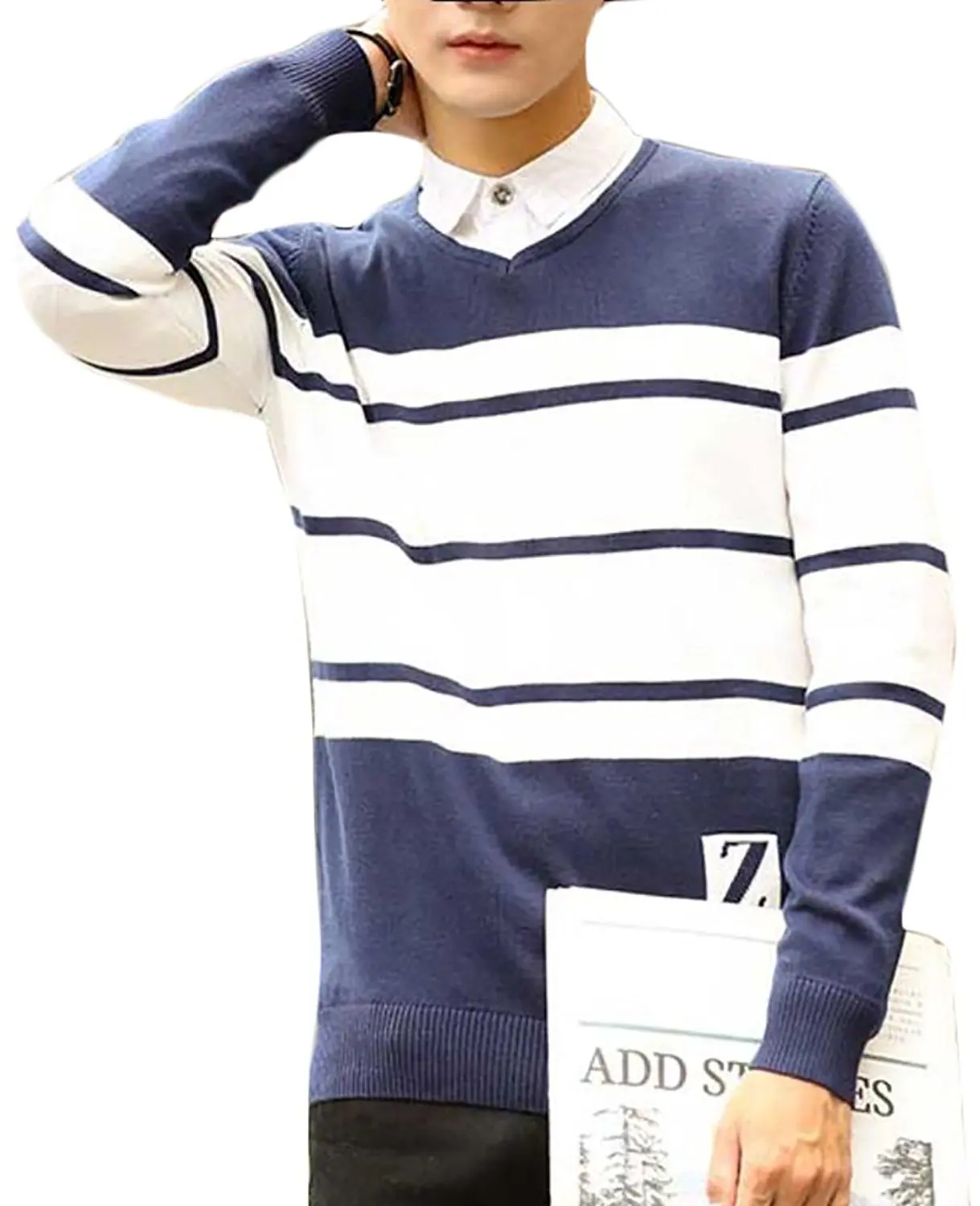 FLCH+YIGE Mens Knitting Slim Stripe Knitwear Winter Warm Pullover Sweaters