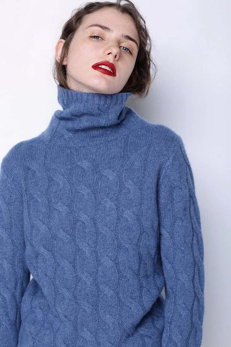 Custom Blue Pullover Oversized Thick Chunky Baggy Cable Knit Turtleneck ...