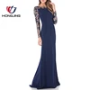 women wear Sequin Illusion Sleeve GownBoat neckline Low back Fitted crepe skirt Zipper closure Long banquet wedding prom dress