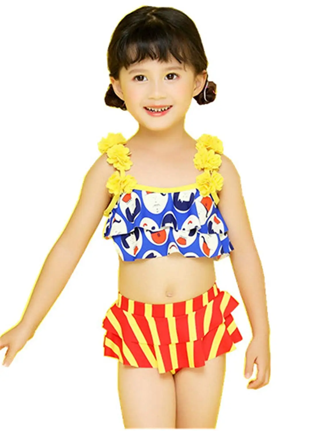 SFNLD InStar Girls Sweet Printed Falbala Mesh Halter Neck Two Pieces Swimwear With Skirt