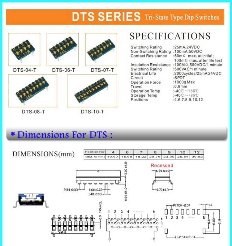 DTS Series 10 Position Tri-State DIP Switch SMD SMT DIP Switch width=