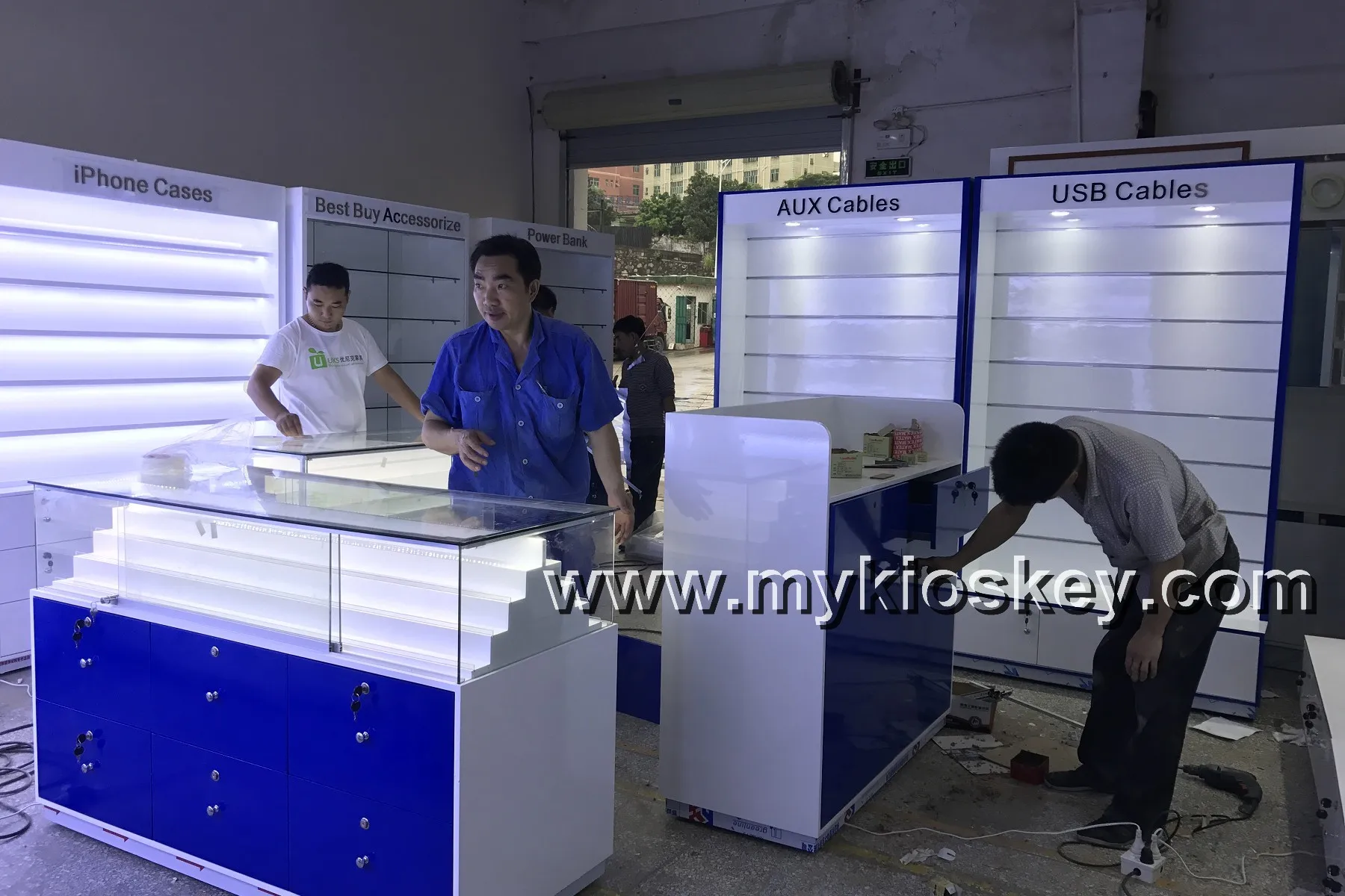 Build wood cell phone accessory display showcase for phone shop