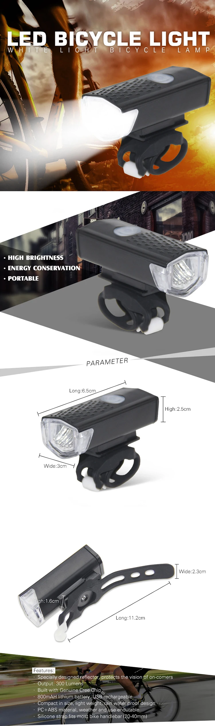 For Bicycle Head Light Front Handlebar Lamp Flashlight Waterproof Light 3 Modes