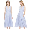 Women New Arrival Sexy Midi-Calf Dresses 2017 Summer Blue Striped Deep V Neck Sleeveless A Line Dress Pocket Button Decoration