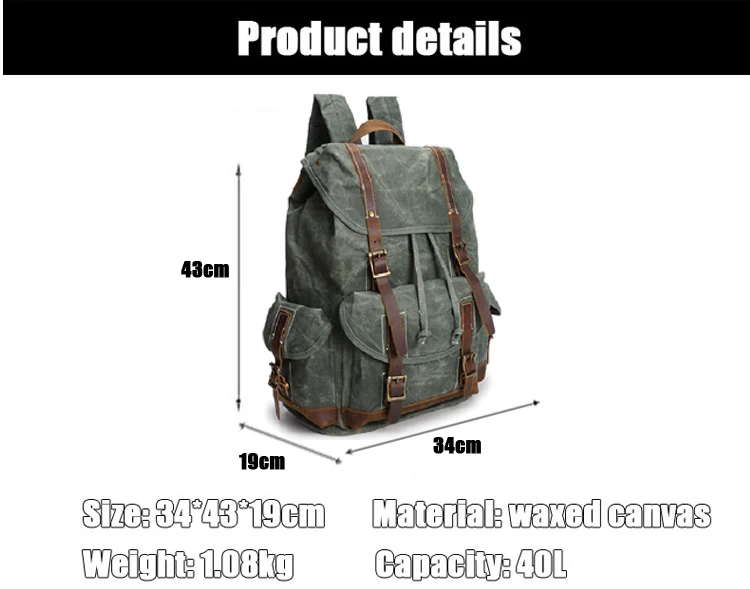 Outdoor water resistant unisex custom vintage waxed canvas school backpack rucksack for men