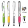 Multi purposes silver barrel soft rubberized grip laptop PC screen silicone tip stylus side click on led torch touch ball pen