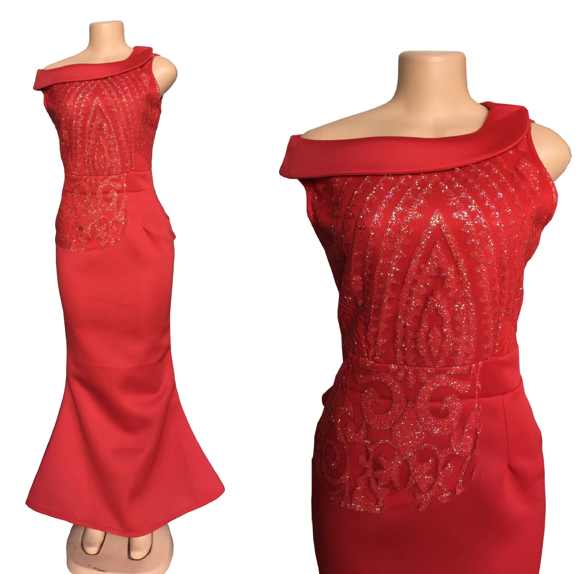 A6048 One Shoulder Sexy Fishtail Appliqued Maxi Ladies Red Evening