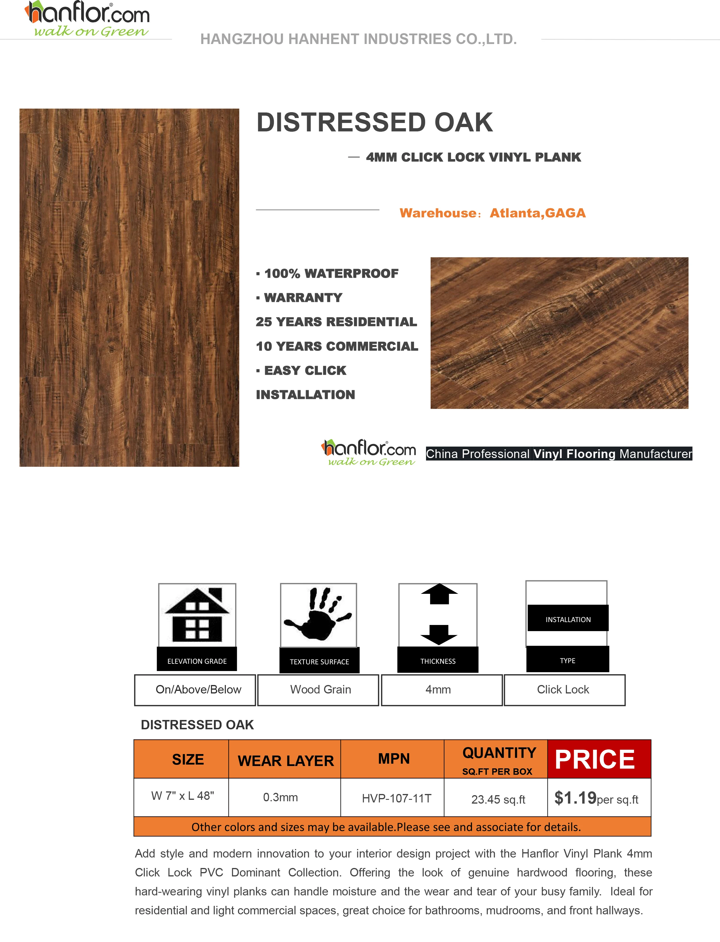 Distressed Oak 4mm Click Lock Vinyl Plank Warehouse Stock Flooring
