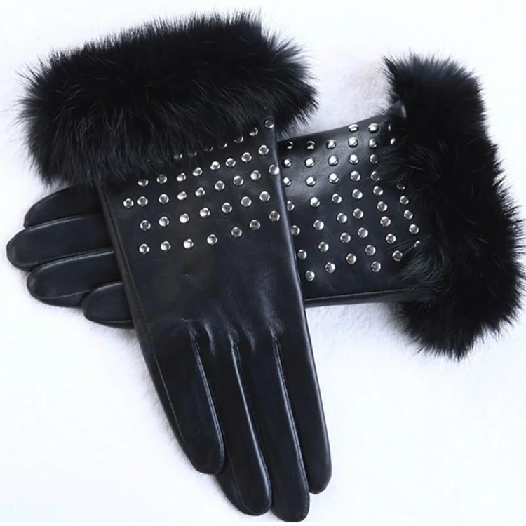 Sexy women studded leather gloves real rabbit fur cuff leather gloves
