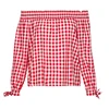 Latest Gingham Blouse Designs Long Tie Sleeve Off Shoulder Bardot Neckline Red Gingham Tops