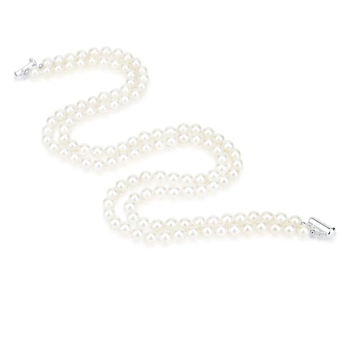 Sterling Silver 2 Row 6.0-6.5mm White Round Akoya Cultured Pearl High Luster Necklace 17"-18"