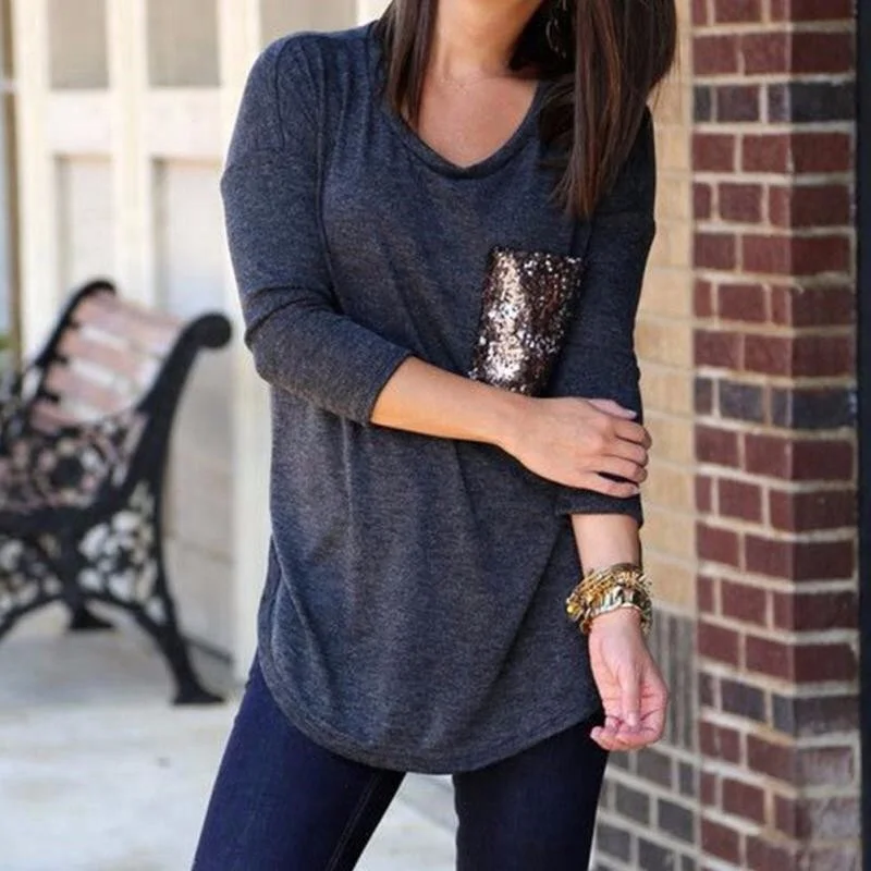 C71 2015 new long sleeved best friends t shirt pocket sequins womens shirts camisetas y tops ropa mujer