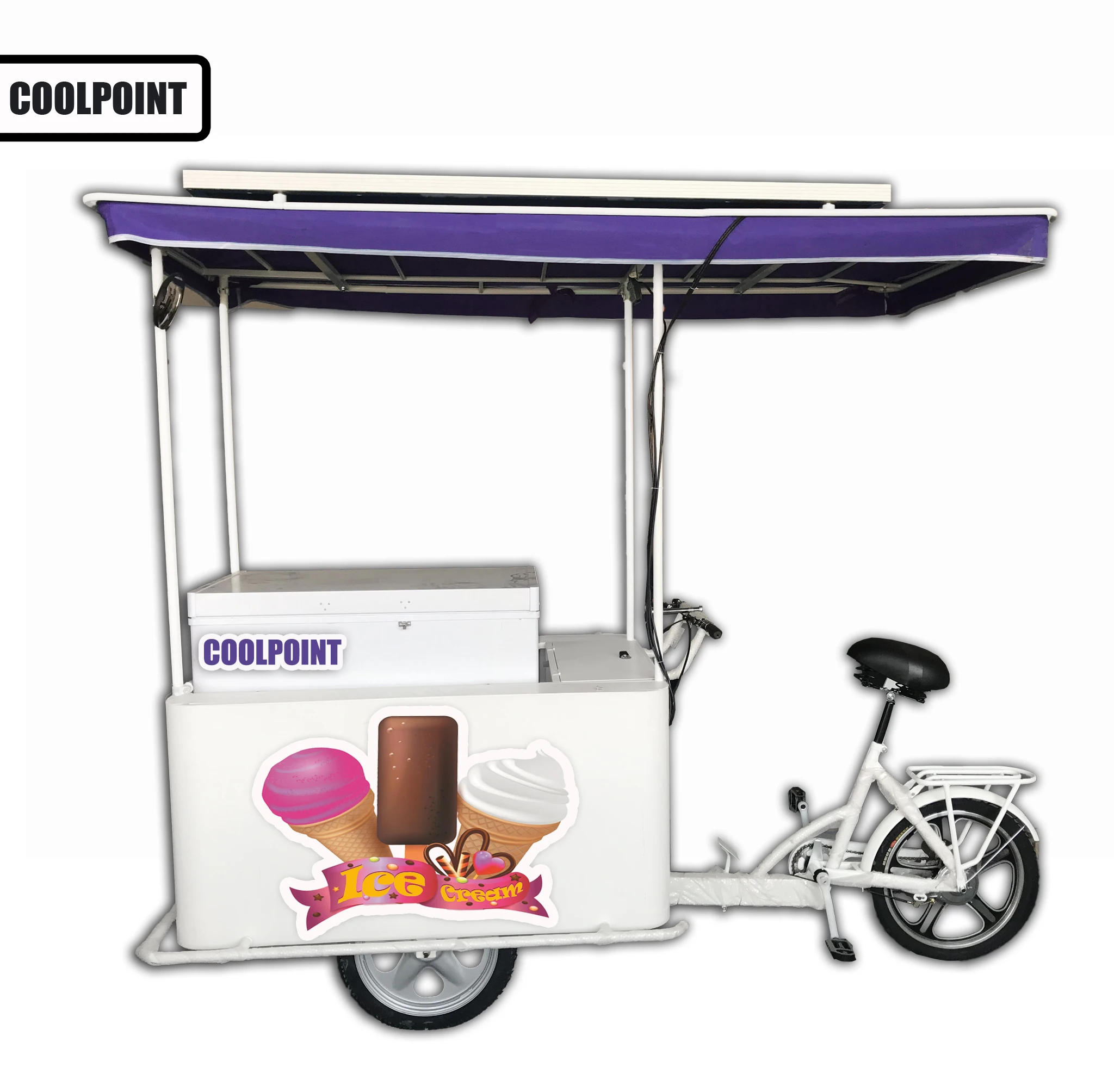 Ice Cream Vending Bike Solar Bicycle With 208liter Chest Freezers And