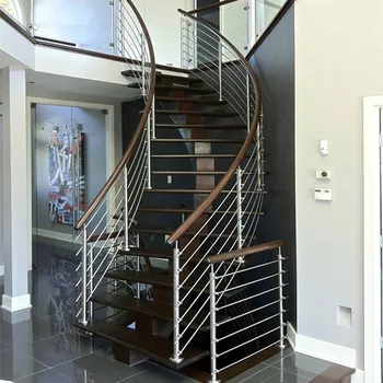 Modern Stainless Steel Rod Bar Railing Indoor Wood Curved Stairs With Round Staircase Railing Buy Interior Wood Stairs Indoor Wood Curved