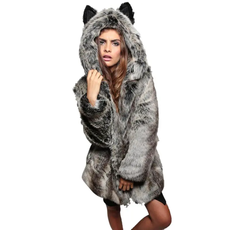 Fashion Winter Women Faux Fox Fur Coat Hooded With Cat Ears Thick Warm Long Sleeve Black Fake Fur Jacket gilet fourrure