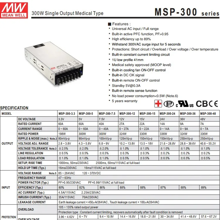 Mean Well Msp-300-5 300w 5v Medical Type 5v 60a Power Supply - Buy 5v ...