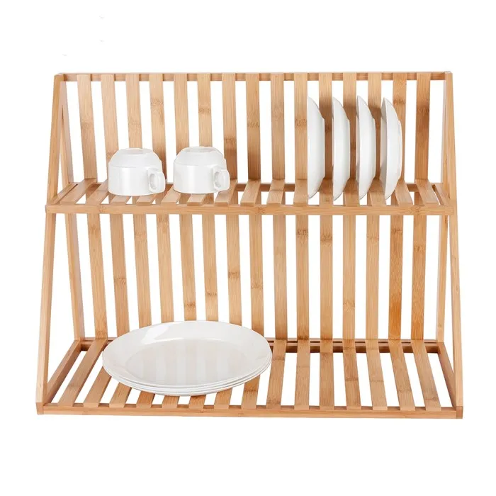 Wall Mount Bamboo Dish Rack,Plate Bowl Dish Cup Rack Bamboo Drying Rack
