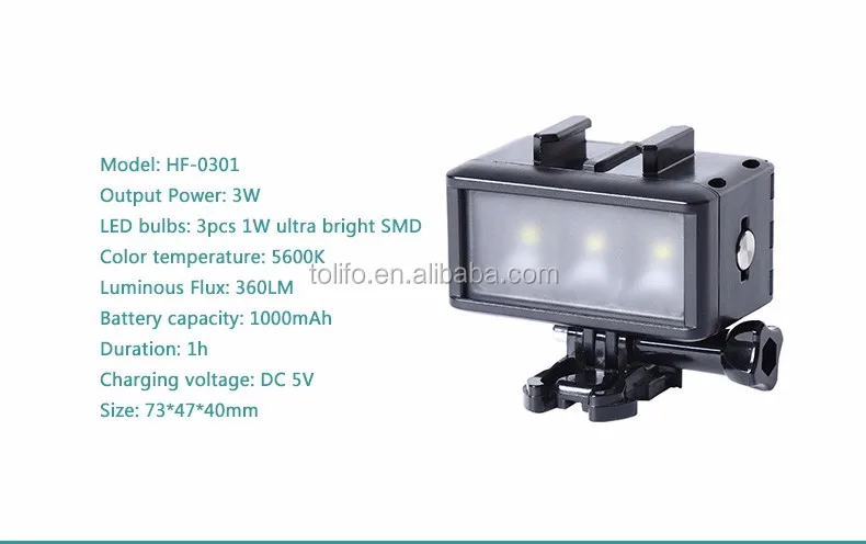 Tolifo 40m waterproof LED underwater light with built in lithium ion battery for Gopro Hero and Xiaomi