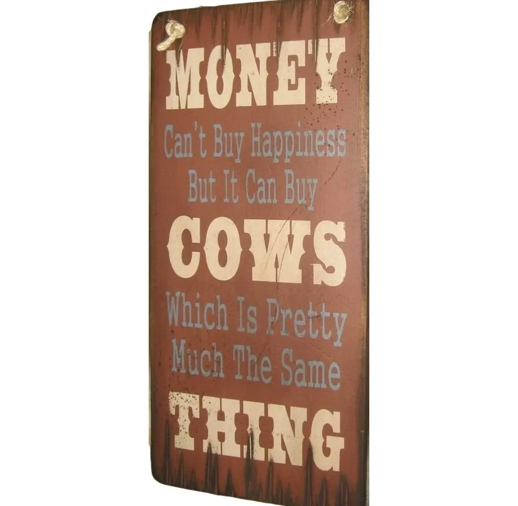 Cowboy Signs Wood Wall Hanging Western Money Happiness Cows Tan 8170