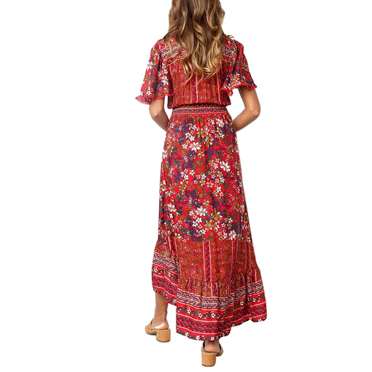 2019 Summer Women Maxi Noble Sapphire Blue Floral Print Front Button Bohemian Beach Dress