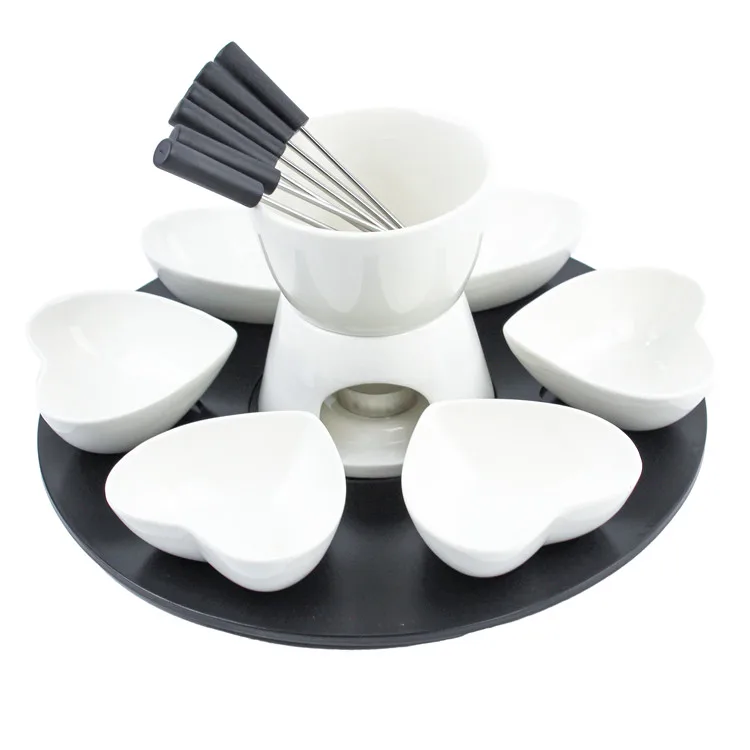 Tea time cheese tools chocolate melting pot , white ceramic fondue for serving 