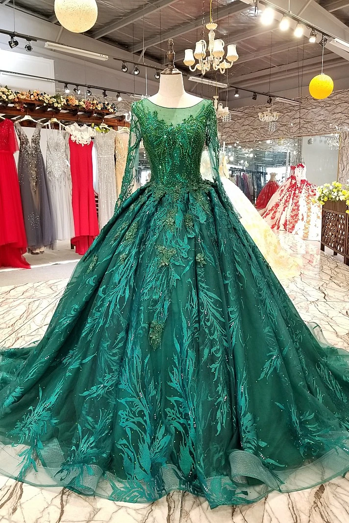 Elegant Scoop Long Sleeve African Lace Ball Gown Appliques Crystal ...