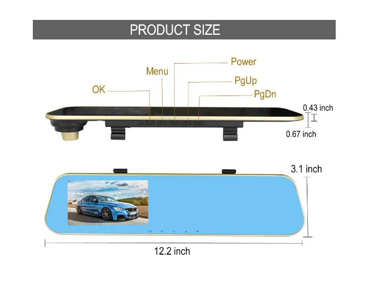 Full HD 1080P Video Car DVR Mirror Dual Camera Recorder 4.3 Inch LCD 170 Degree Wide Angle Dash Cam Front and Rear Camera