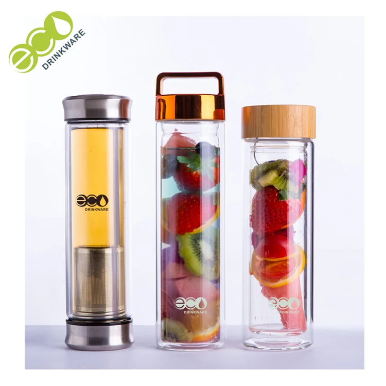 GA6015 Custom logo double wall borosilicate glass infuser drinking tea bottle with tea infuser leather feeling lid