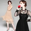 2019 European and American Women's Fashion Sexy Lace Gauze Net Long Sleeve Black Dress