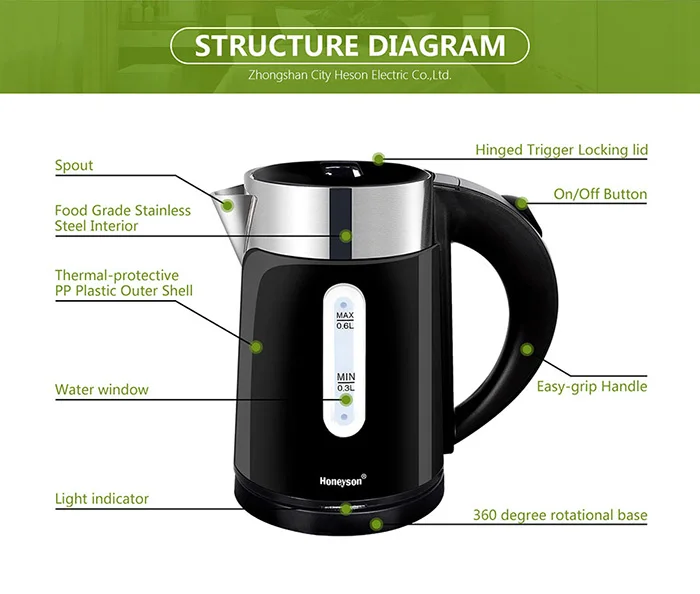 Honeyson hotel 0.6L energy saving new design cordless electric kettle