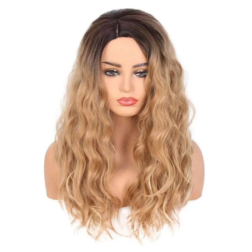 Emubody Women Fashion Lady Big Wave Gradation Golden Wig Curly Hair Gradient long curly wig Long Curly Wig Heat Resistant Synthetic Cosplay Wig Full Wig for Women Party Wigs