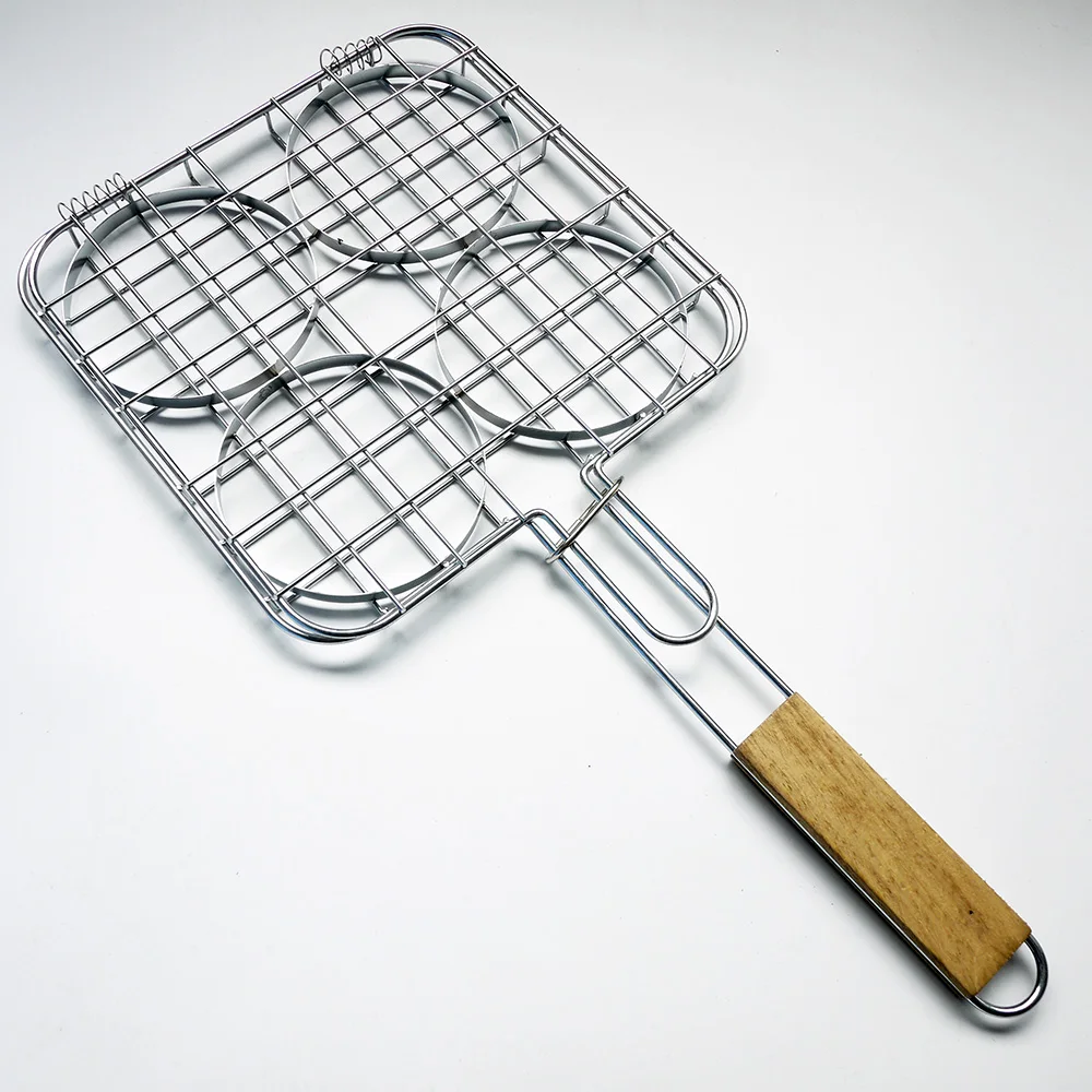 High Quality Bbq Grilling Basket With Wooden Handle Nonstick Bbq Mesh