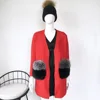 Red fox fur trim decoration hand knitted sweater fashion lady cardigan with fur