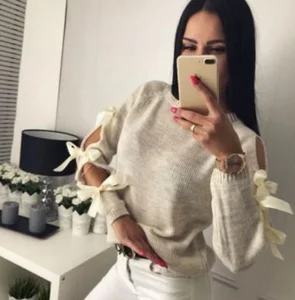 New Long sleeve Bow Hollow out Sweater Loose O-Neck Tops Blouse for women Warm Knitting Pullover Knitwear New Long sleeve Bow Hollow out Sweater Loose O-Neck Tops Blouse for women Warm Knitting Pullover Knitwear