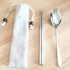 SS304 Stainless Steel Portable 2 Piece Tableware Cutlery Spoon and Chopsticks Set with Beige Environmental Bag Package