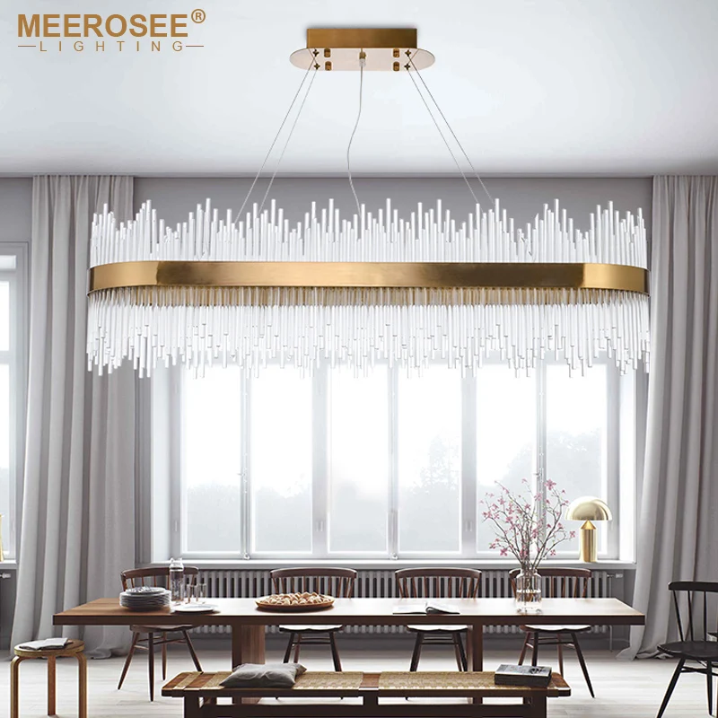 MEEROSEE Modern LED Pendant Light Crystal rods Hanging Lamp for Dinning room Gold Oval Suspension Luminaire Abajur MD85504