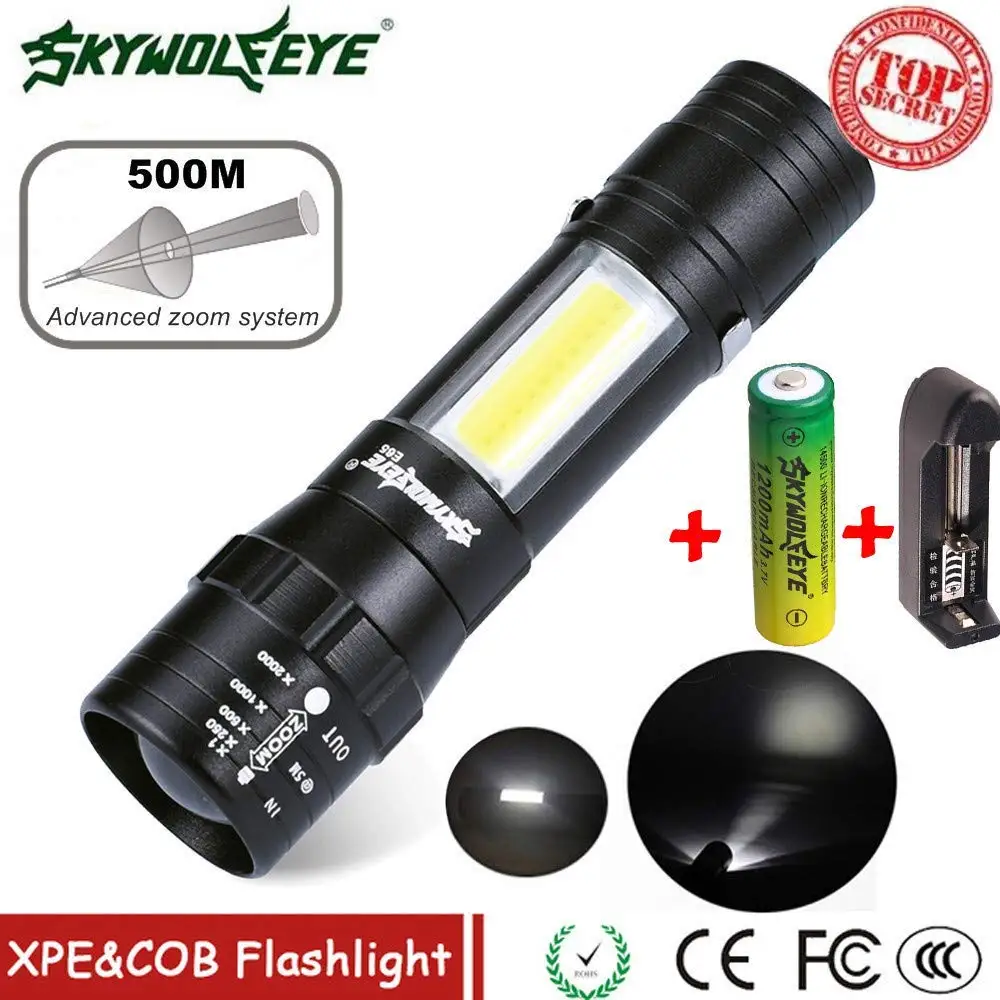 Tactical USB Rechargeable Super Bright COB XPE LED Torch Zoomable Flashlight