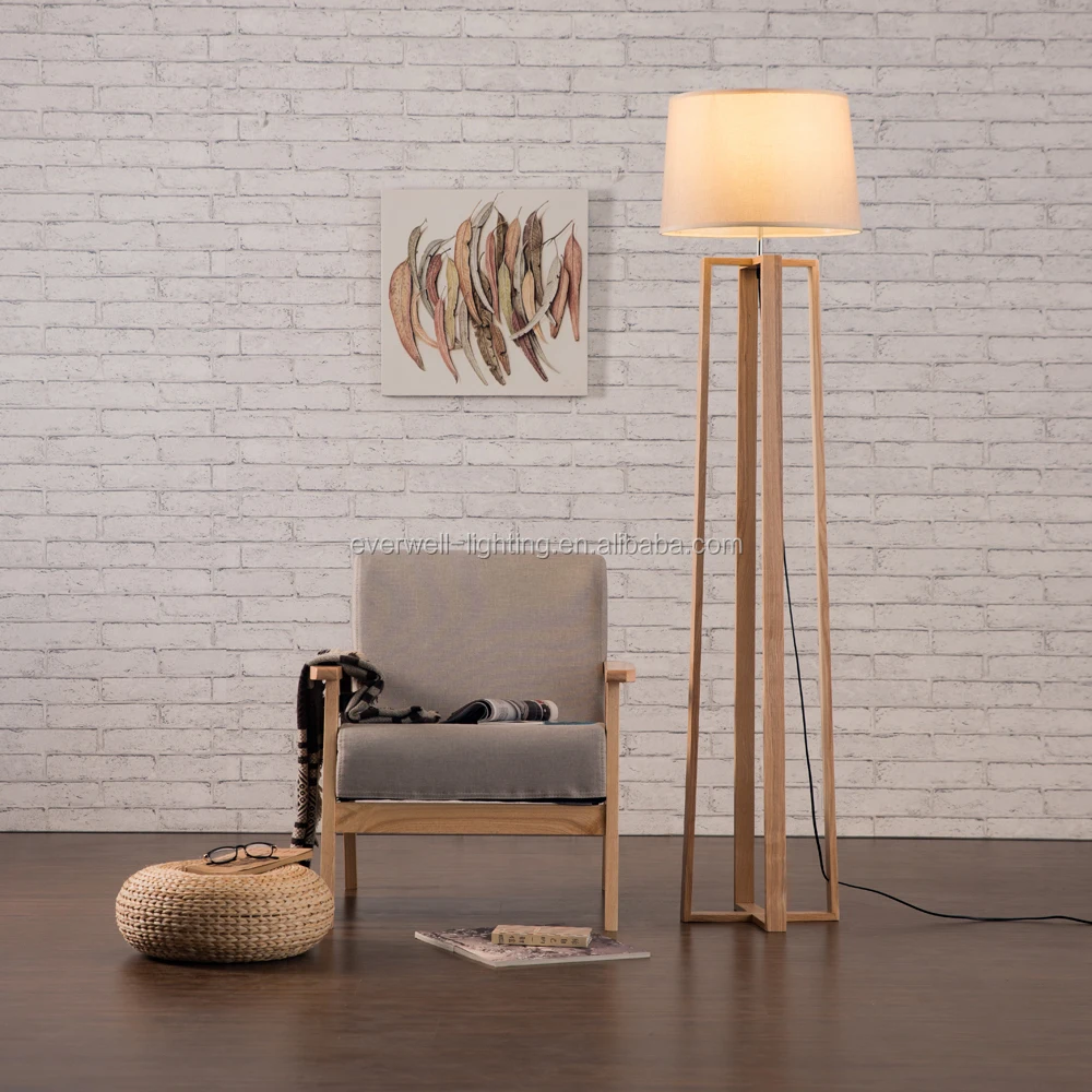 Timber Tripod Floor Standing Lamp With Linen Lamp Shade Antique