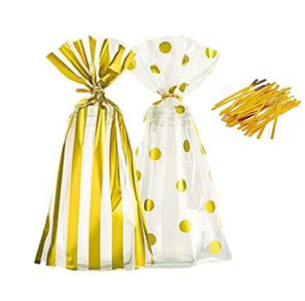 50 Pack Of Gold Stripe And Dot Plastic Cookie Bags