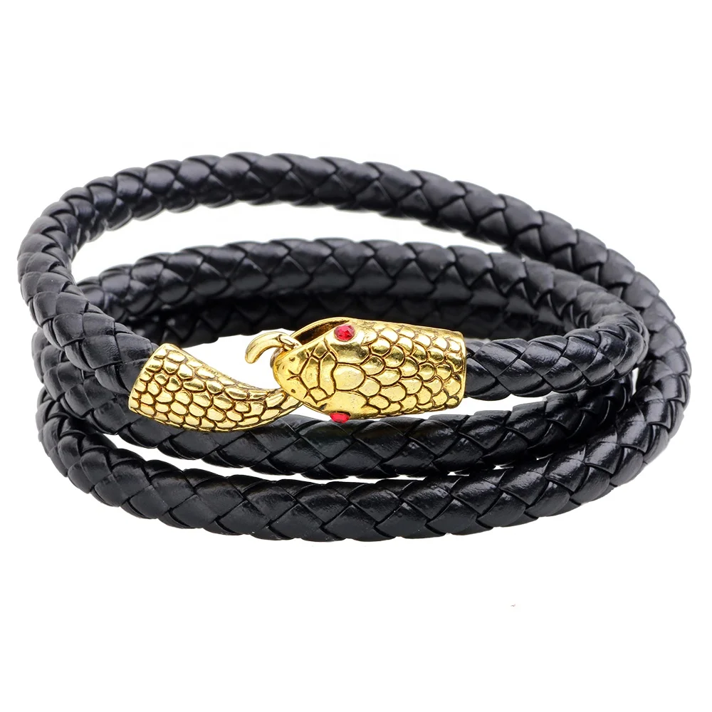 Gold Silver Plated Snake Leather Braided Multiple Wrap Bracelets,Snake